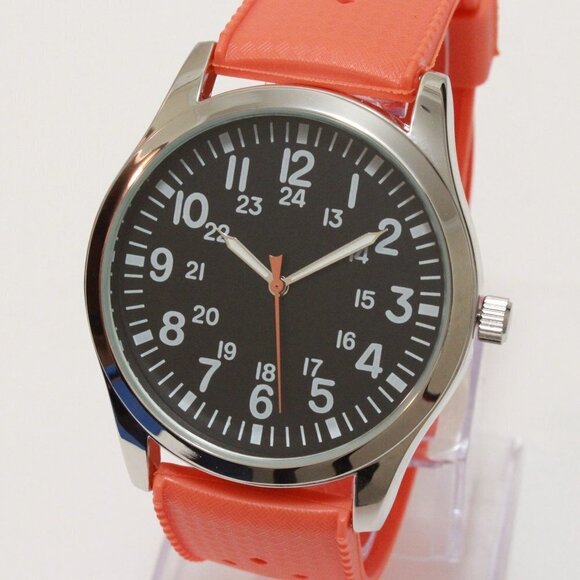 Men's Quartz Field Watch Silver Case Orange Tropical Rubber Strap 42mm - Picture 7 of 15